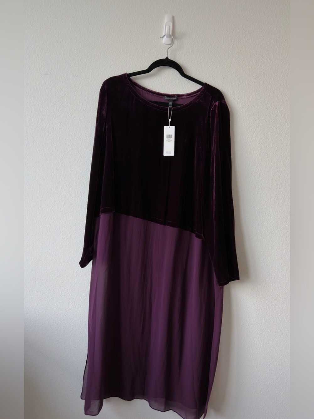 Eileen Fisher Long Sleeve Velvet Top Two-Tone Wine Dress